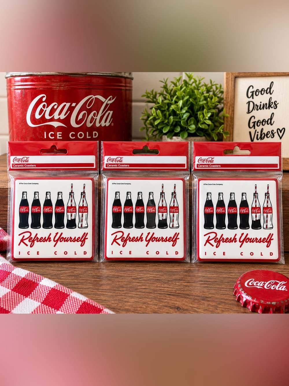 🥤 Coca-Cola Ceramic Coasters – Set of 3 ❤️